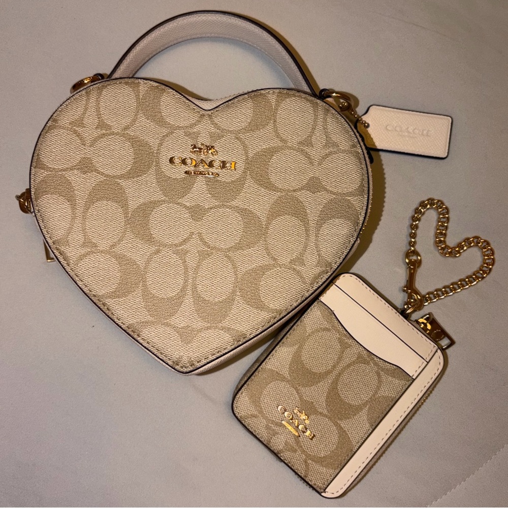 Coach Heart Crossbody Bag + Card Holder Set in Canvas Chalk Signature